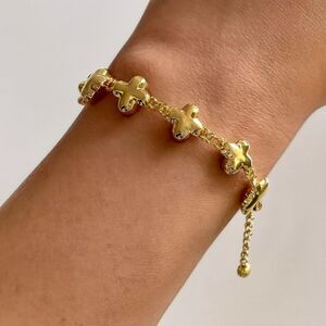 NWOT Yellow Gold Plated Puffed Clover Link Bracelet Adjustable 7” to 8”